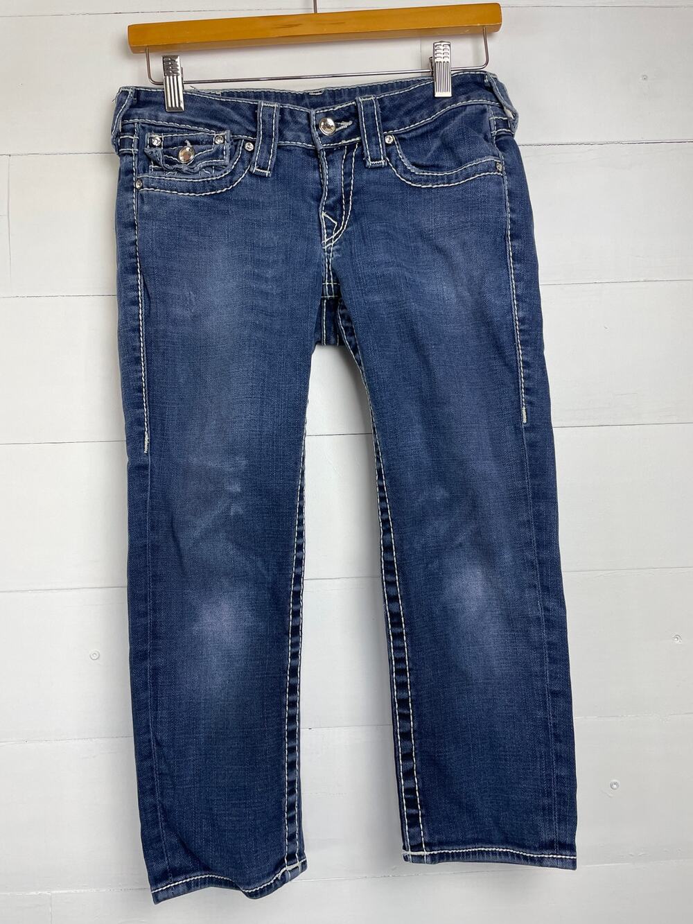Vtge True Religion Disco Lily Big T Capri Jeans Sz 27 Rhinestone Bling LowRise